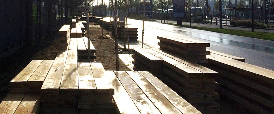 Banc-paysage / Mobilier éphémère d&rsquo;accompagnement des chantiers urbains // ZAC Bords de Seine, Bezons /// 2014-2016